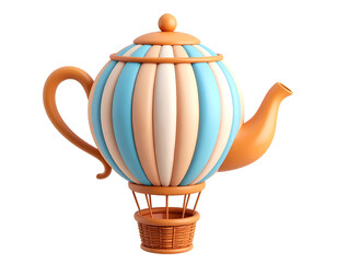 3D Rendered Whimsical Teapot Hot Air Balloon with Colorful Stripes and Wicker Basket, Isolated on Black Background