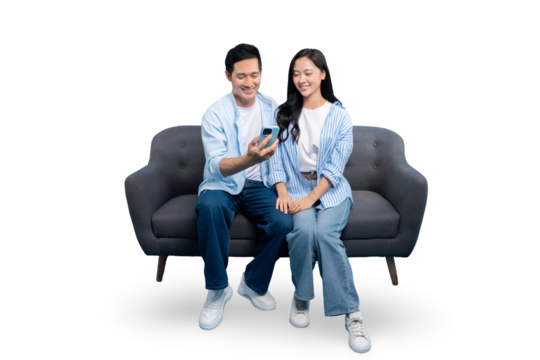 Couple enjoying a moment while sitting on a couch and using a phone - Powered by Adobe