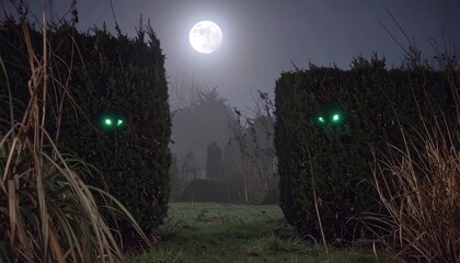 Glowing Eyes Peeking From Night Garden Bushes