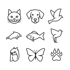 Charming collection of simple line art icons featuring pets, birds, fish, butterflies, and animal paw prints.