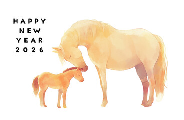 水彩画風　馬の親子の年賀状