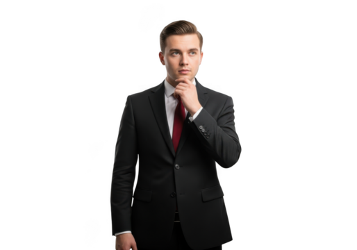 Thoughtful businessman in suit posing and contemplating ideas, business strategy, and future plans, isolated on transparent background - Powered by Adobe