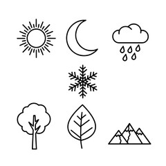 Weather and Nature Icons: Sun, Moon, Rain, Snow, Tree, Leaf, & Mountains for Design