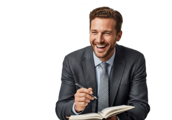Smiling businessman in suit writing in notebook stock photo, happy professional man isolated on transparent background