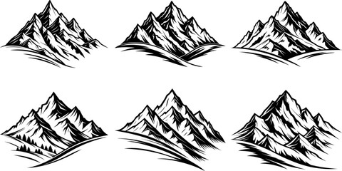 Vintage mountain range logo set landscape, black and white alpine vector emblems for outdoor adventure branding, black slopes of the mountains vector silhouette