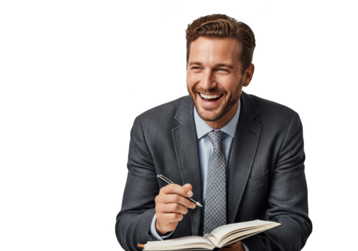 Smiling businessman in suit writing in notebook stock photo, happy professional man isolated on transparent background