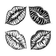 Hand-drawn vector illustration of lips clipart set, black and white kiss mouth vector silhouette for tattoos, stickers with a detailed textured