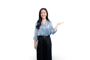 A smiling young woman presenting something, holding a tablet on a background. She is wearing a formal outfit and demonstrating a gesture