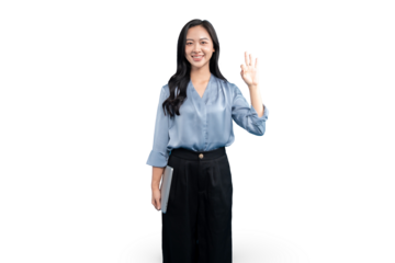 Smiling Asian Businesswoman Waving And Holding a Tablet on a simple background. A portrait of a young business woman looking at the camera and gestures in the business office.