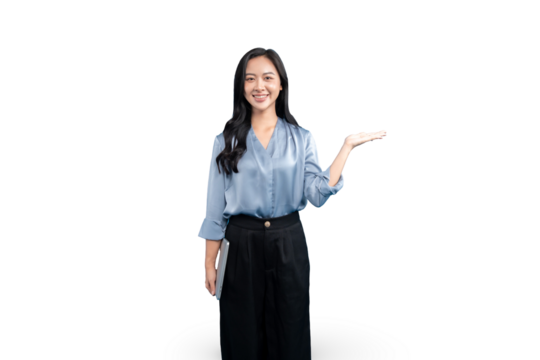 A smiling young woman presenting something, holding a tablet on a background. She is wearing a formal outfit and demonstrating a gesture