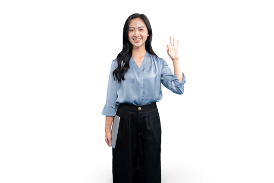 Smiling Asian Businesswoman Waving And Holding a Tablet on a simple background. A portrait of a young business woman looking at the camera and gestures in the business office.