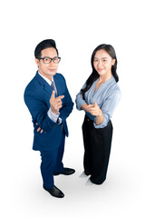 Business partners pointing towards camera smiling. A man and woman wearing business outfits. A person is a pointing finger towards you with a smile on PNG background