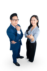 Two business professionals posing confidently for the camera, a male and female standing together. The image focuses on the full body on PNG background