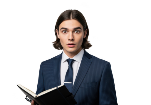Shocked businessman holding notebook looking surprised and amazed in blue suit png image for graphic design and projects isolated on transparent background