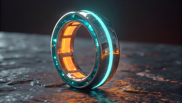 Futuristic Glass Ring Structure with Glowing Orange and Teal Accents Resting on Dark Textured Surface - Powered by Adobe