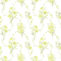 Seamless watercolor pattern with tiny wildflower bouquets in yellow shades. Perfect for fabric, wrapping paper, wallpaper, rustic wedding and cottage core design, countryside and baby floral decor