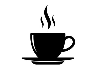 Black silhouette of a steaming coffee cup and saucer isolated on transparent background