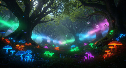 Obraz premium Enchanted Luminescence: A Dreamscape of Glowing Fungi and Mist.
