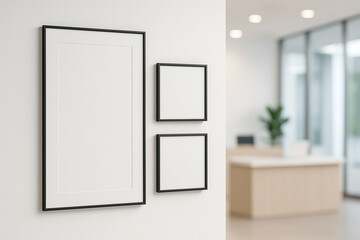 Gallery wall mockup of three blank frames in a modern office, ideal for showcasing a series of corporate advertisements or branding.