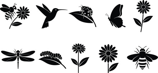 Vector silhouette illustration of insects, flowers, and nature elements including bee, butterfly, hummingbird, dragonfly, caterpillar, ladybug, garden plants for design and decoration