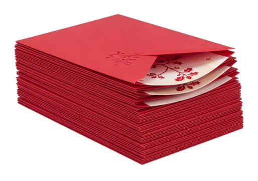 Stack of red envelopes with floral patterned inserts isolated on transparent background