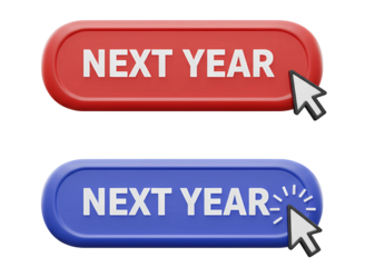 Two next year buttons red and blue with cursor isolated on transparent background