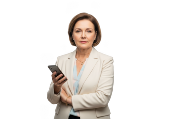 Professional businesswoman holding smartphone, executive manager using mobile phone, female leader isolated on transparent background