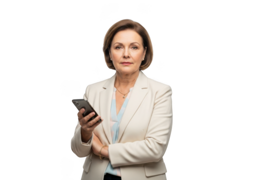 Professional businesswoman holding smartphone, executive manager using mobile phone, female leader isolated on transparent background - Powered by Adobe