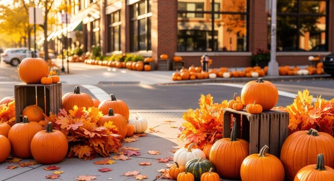 Vibrant autumn pumpkins and leaves create festive fall street decor