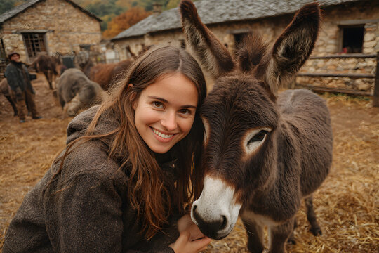 Woman and girl petting donkeys in animal sanctuary i quiros, asturias, spain