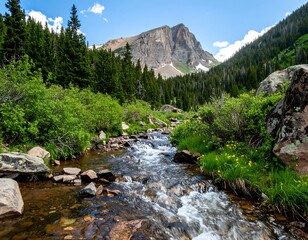 Scenic mountain stream flowing through lush forest landscape in Colorado wilderness