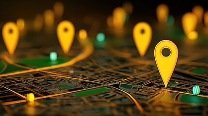 Digital map with location markers and navigation icons representing navigation technology and geographic information systems