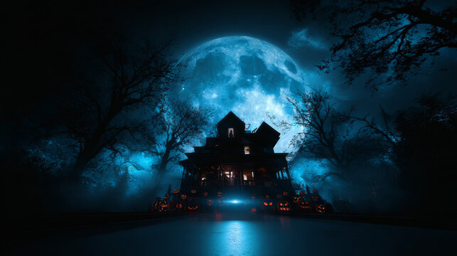 Vector design of the brochure for halloween. Template of poster with terrible house on blue background. Halloween party greeting card. - Powered by Adobe