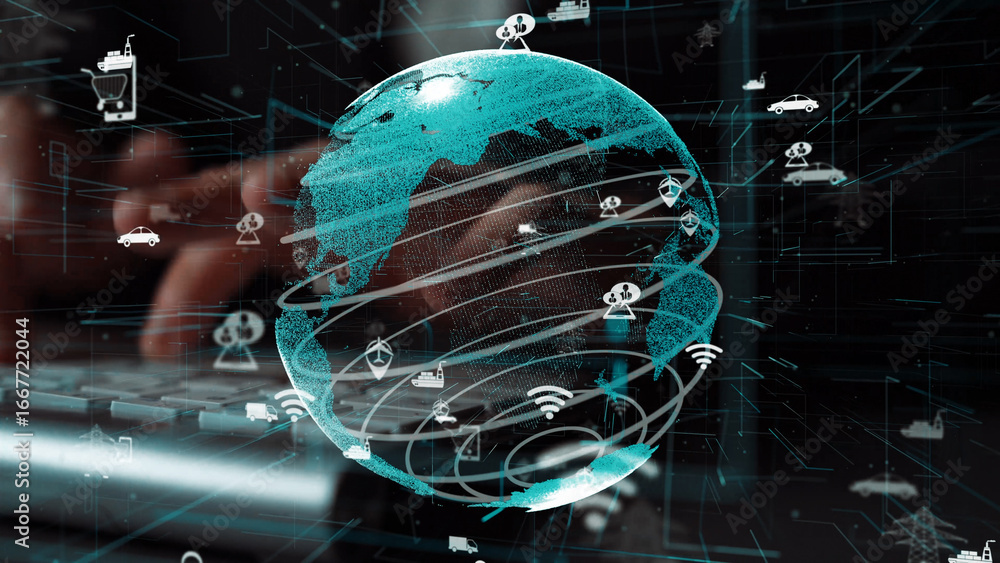 Poster a captivating visual representation of a digital globe with network icons that symbolize technology 