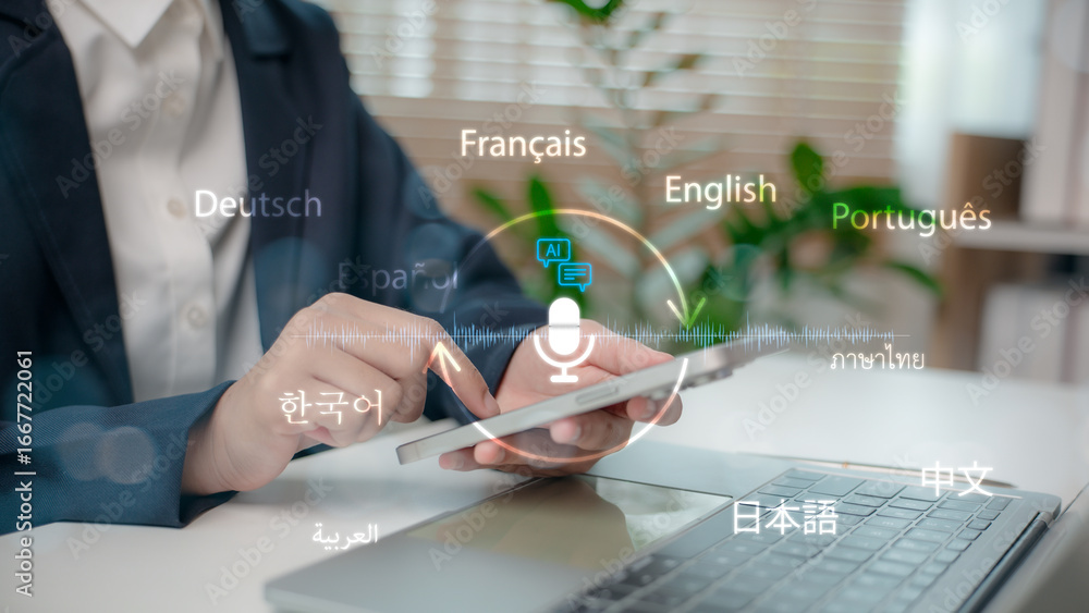 Poster businessman using smartphone with ai voice translation interface showing multiple languages. concept