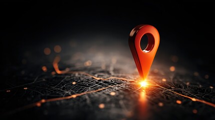 Close-up of an illuminated map marker pin on a digital map with glowing city lights and connectivity lines