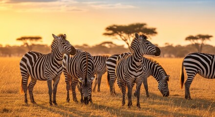 Herd of Zebras Grazing in African Savannah at Sunset