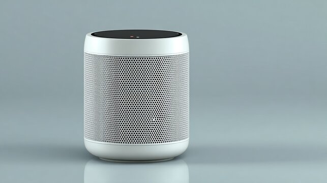 Sleek, cylindrical smart speaker with a perforated grey front, white top and base, subtle light indicator, and reflective surface below, against a neutral backdrop