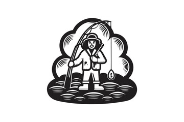 Silhouette Man Fishing, Circle Icon, Waterscape Tree, White Background