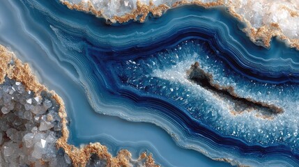 Top view of layered agate stone slice with concentric rings in blue and white tones showing crystal mineral texture suitable for geology backgrounds or abstract design surfaces