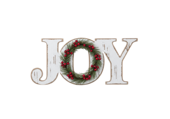 White wooden letters spelling joy with a wreath isolated on transparent background