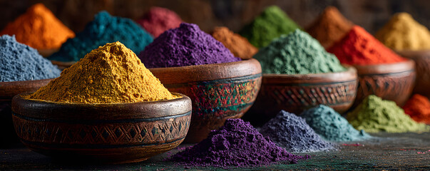 Holi color powder. Organic Gulal colours in bowl forHoli festival, Hindu tradiion festive. Bright vibran pigment closeup