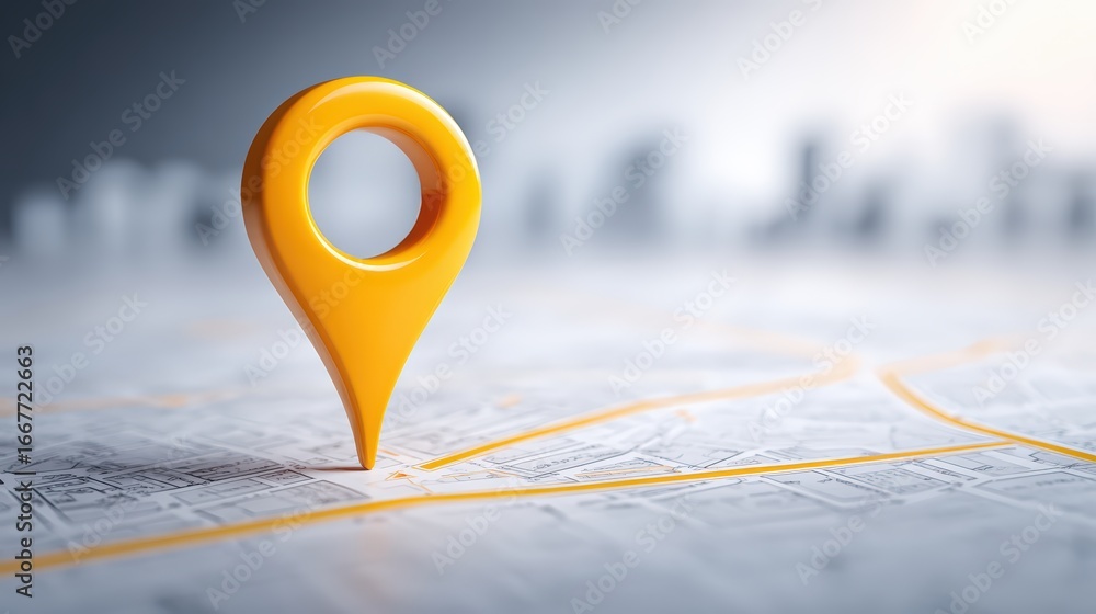 Aufkleber close-up of a yellow map pin marker placed on a detailed paper map with roads and location details f
