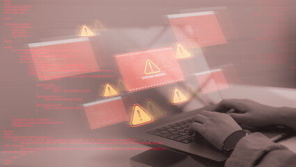 Laptop with digital warning icons and text "System Hacked". Concept of cybersecurity threat, data breach, malware attack, online risk, and information security vulnerability in digital business.