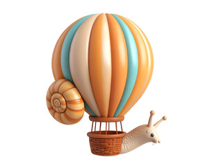 Cute Snail Character with Hot Air Balloon Shell and Wicker Basket Flying on Black Background