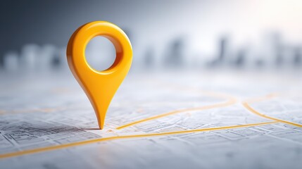 Close-up of a yellow map pin marker placed on a detailed paper map with roads and location details for navigation