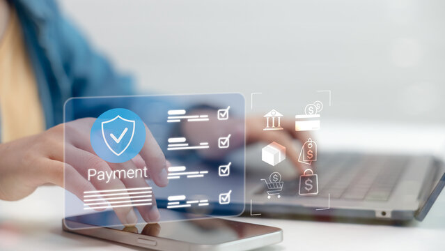 Close up hand using smartphone with digital secure payment icon. Concept of online transaction, mobile banking, e-commerce shopping, financial technology, and safe digital payment verification system.