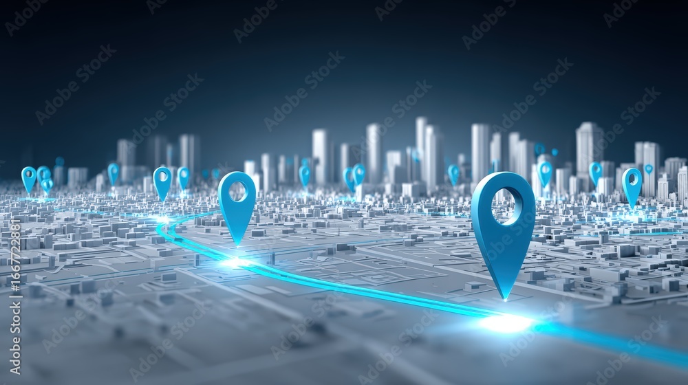 Poster futuristic digital cityscape with interconnected navigation pins and glowing pathways in a high-tech