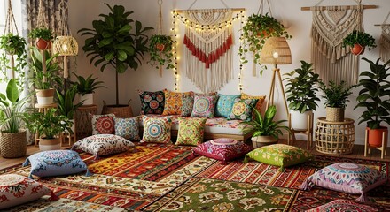Bohemian living room filled with lush green plants and colorful patterned floor cushions