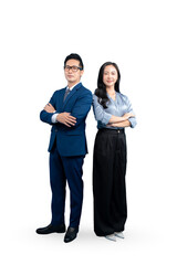Two colleagues standing with arms crossed, a confident man and a woman, business partners on PNG background